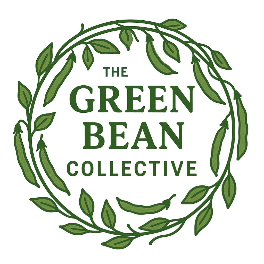 The Green Bean Collective logo. Text in Green, encircled by a green vine with leaves and beans attached.