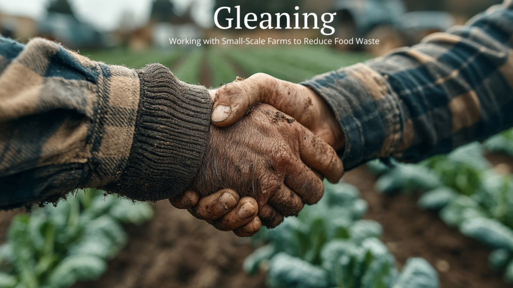 image of one arm from each side joining in the middle to shake hands. Both arms are dressed in flannel shirts and hands are dirty. A vegetable crop field is the backdrop. The words "Gleaning. Working with Small-Scale Farms to Reduce Food Waste" is superimposed on the top of the image. 
