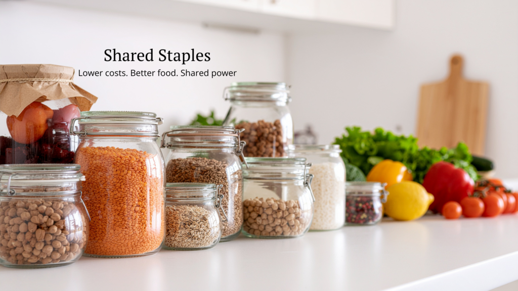 Image of a white kitchen counter, with loose fresh fruit and vegetables, and several glass jars filled with dry beans, grains, and lentils. The words "Shared Staples. Lower Costs. Better food. Shared power" superimposed over the image in the top left area near the jars. 