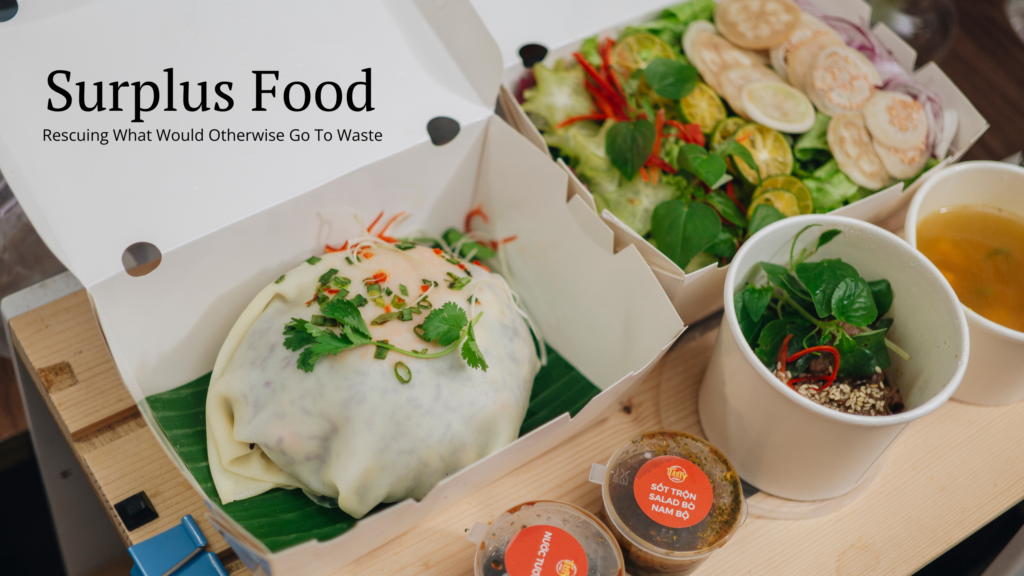 Image of prepared foods in take-out containers. The words "Surplus Food. Rescuing What Would Otherwise Go To Waste" superimposed on the image top-left.